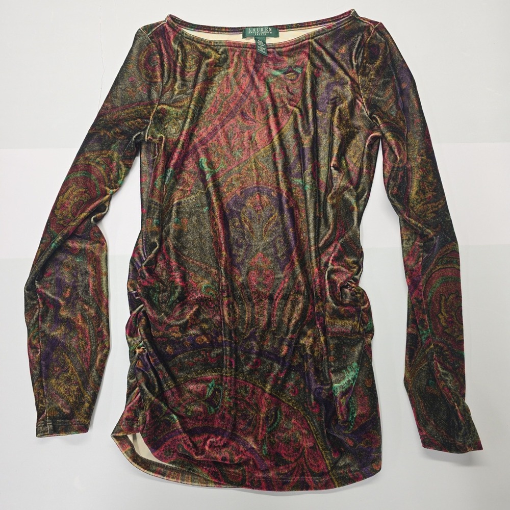 Lauren Ralph Lauren Petite PM Velvet Paisley Ruched Long Sleeve Top Multicolor